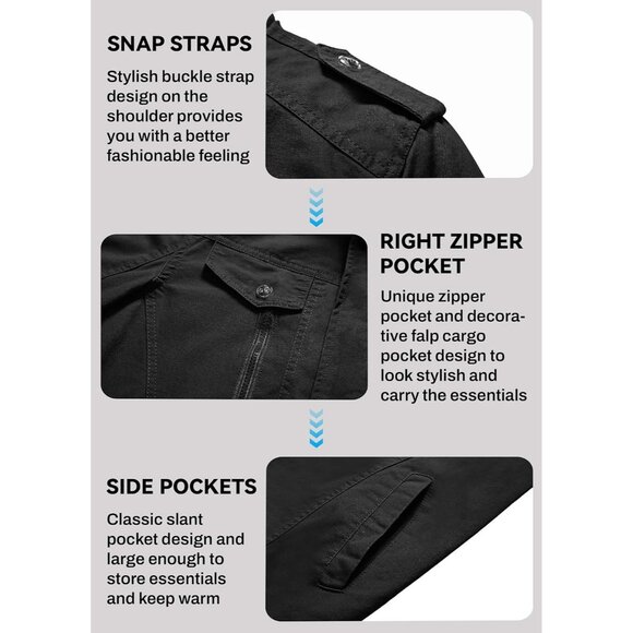 Men's Black Winter Cargo Fleece Sherpa Lined Casual Windproof Bomber Jacket - Picture 5 of 6